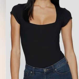 Free People Women's Black Stretch Square Eyes Cap-Sleeve Bodysuit Size Small
